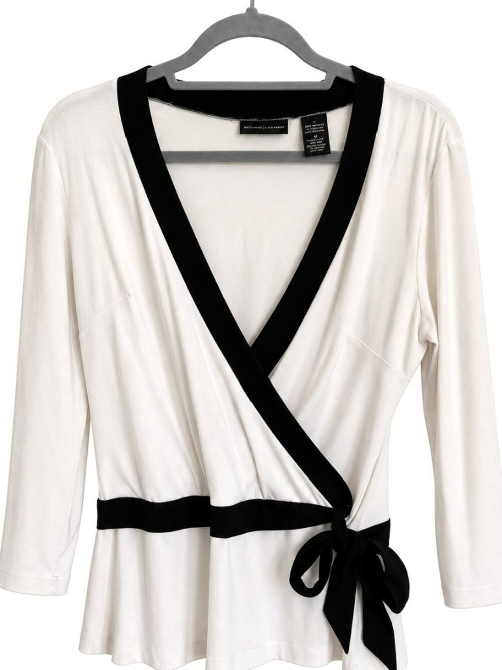 NY&C White Black Faux Wrap Tie Waist Peplum Top S